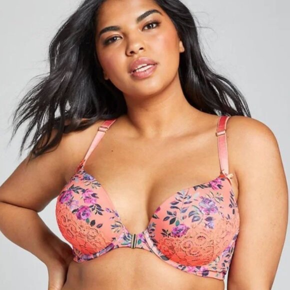 Cacique Other - CACIQUE Floral Front Close Plunge Boost Bra in Coral Lace - Size 44DD